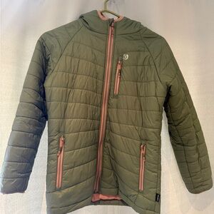 Kids Gusti Quilted Puffer Jacket - Size Small - Olive Green & Coral - EUC